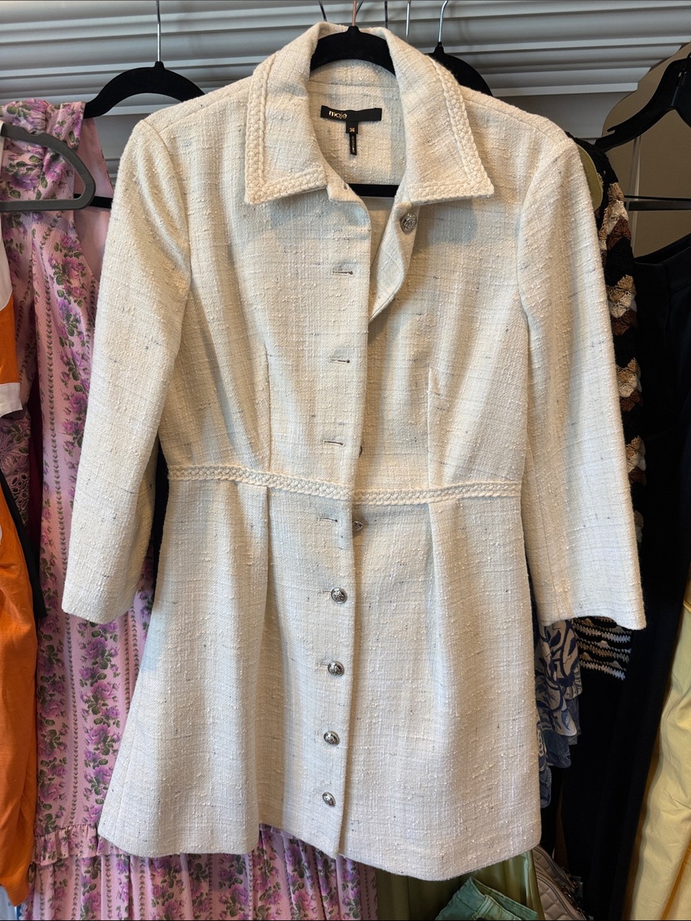 Maje Cream Tweed Mini Dress Coat
